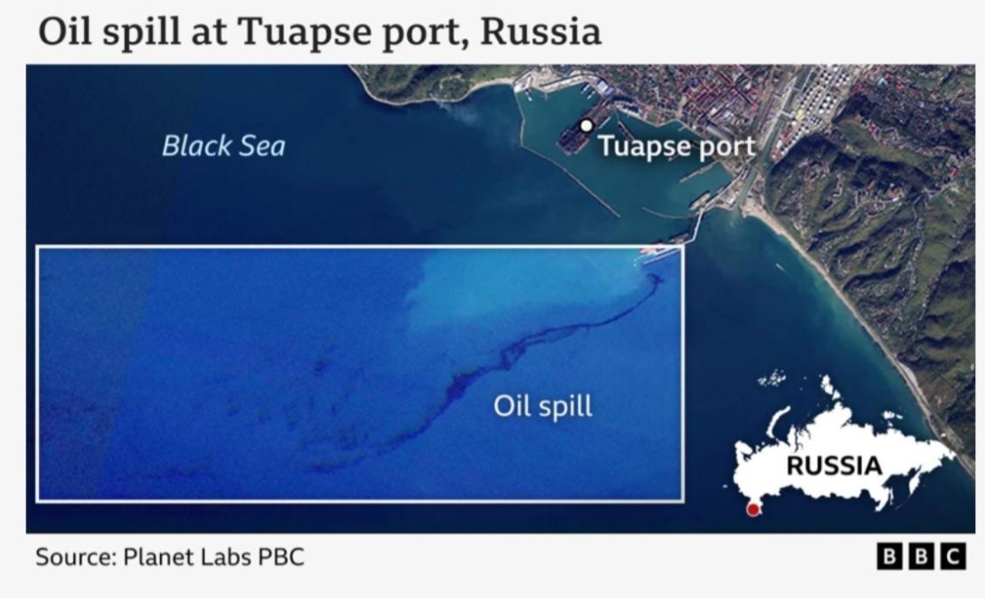 Após o ataque das Forças Armadas da Ucrânia ao terminal petrolífero russo em Tuapse, no Mar Negro, ocorreu um derrame de petróleo de 3,6 km
